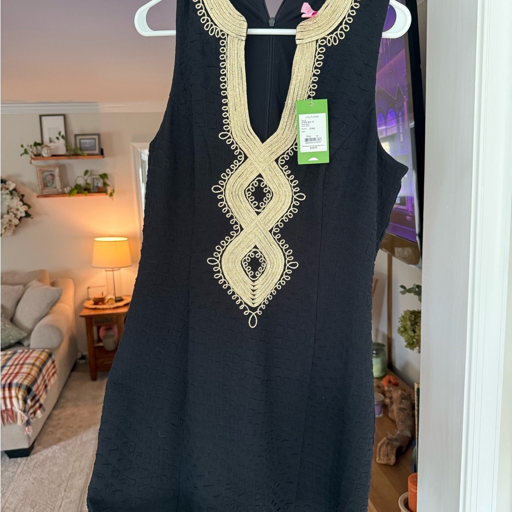 Lilly Pulitzer Alexa Shift Black Dress with Gold Detailing